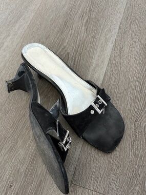 Vintage Y2K Black Satin Slip-On Kitten Heel Mules with Rhinestone Buckle